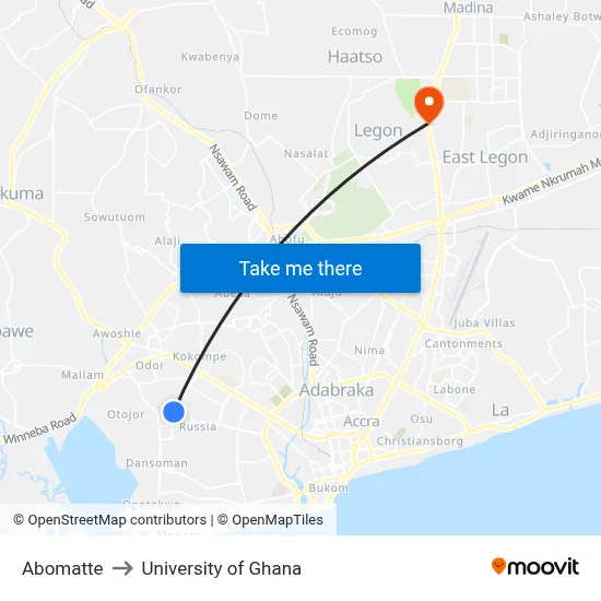 Abomatte to University of Ghana map