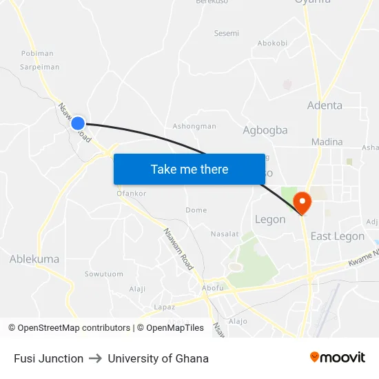 Fusi Junction to University of Ghana map