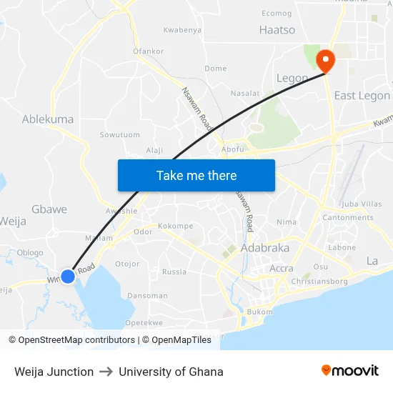 Weija Junction to University of Ghana map