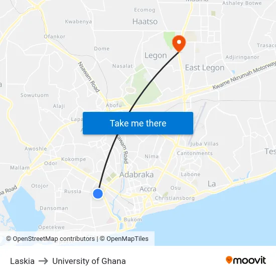 Laskia to University of Ghana map