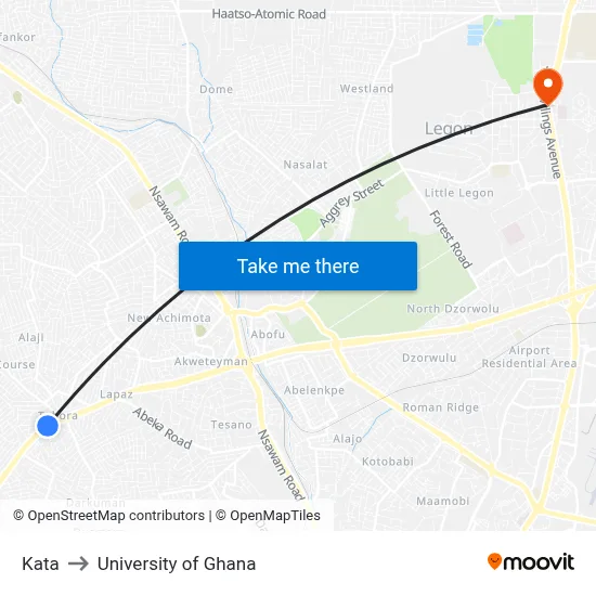 Kata to University of Ghana map