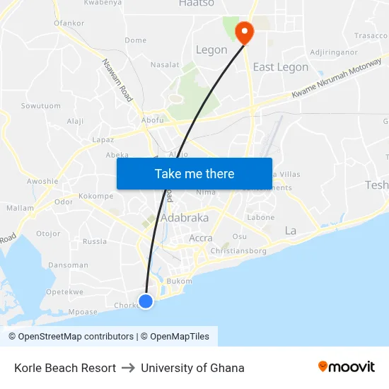 Korle Beach Resort to University of Ghana map