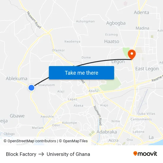Block Factory to University of Ghana map
