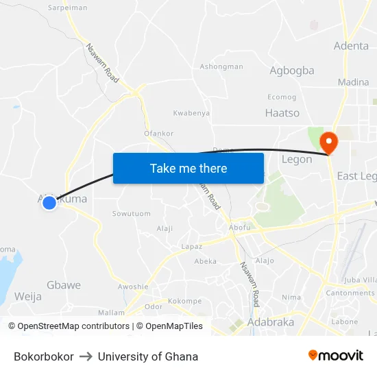 Bokorbokor to University of Ghana map