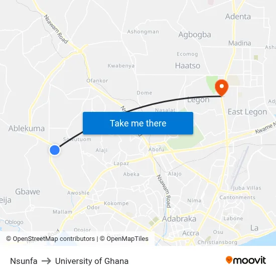 Nsunfa to University of Ghana map