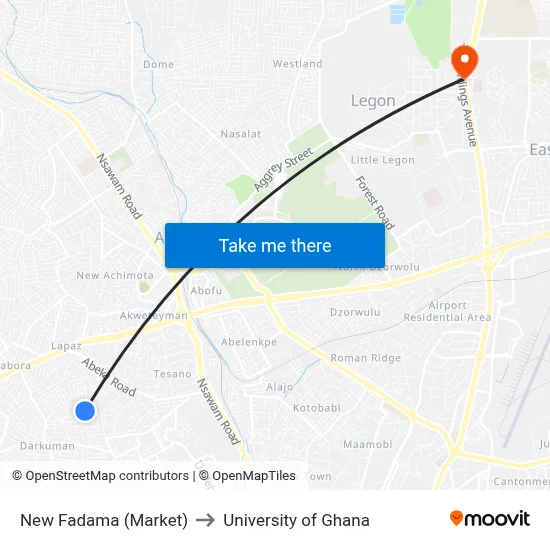 New Fadama (Market) to University of Ghana map