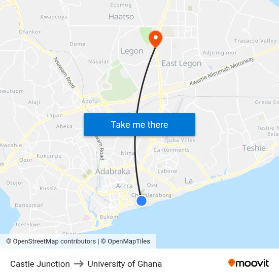 Castle Junction to University of Ghana map