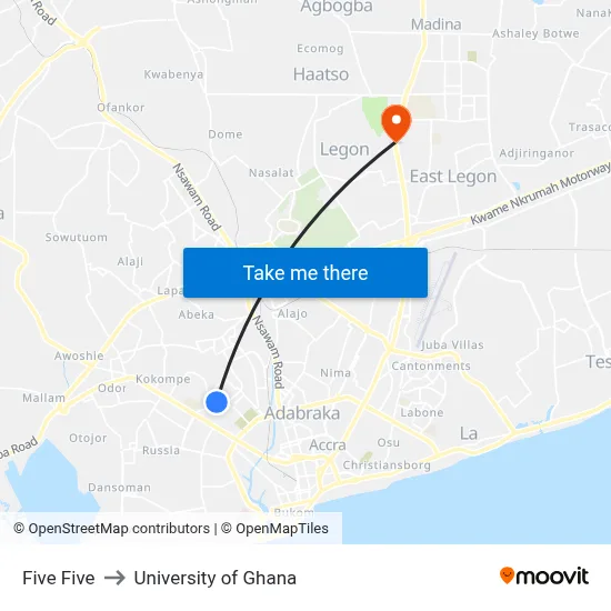 Five Five to University of Ghana map