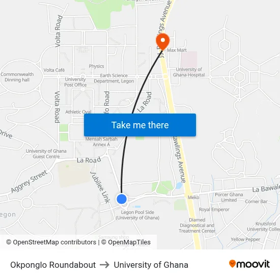 Okponglo Roundabout to University of Ghana map