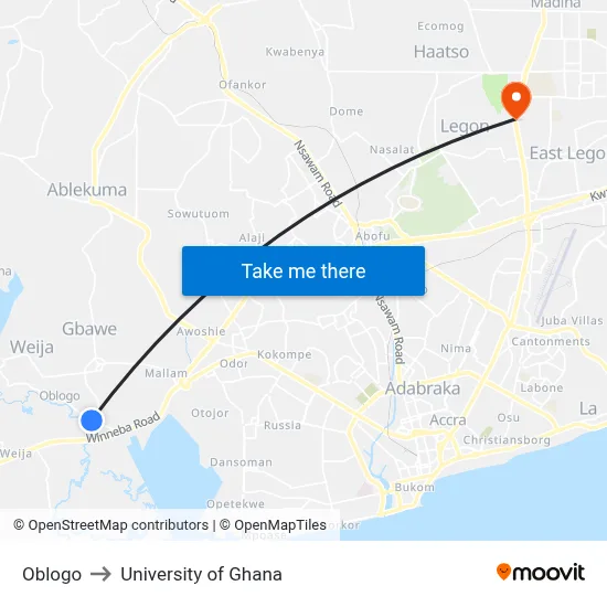 Oblogo to University of Ghana map