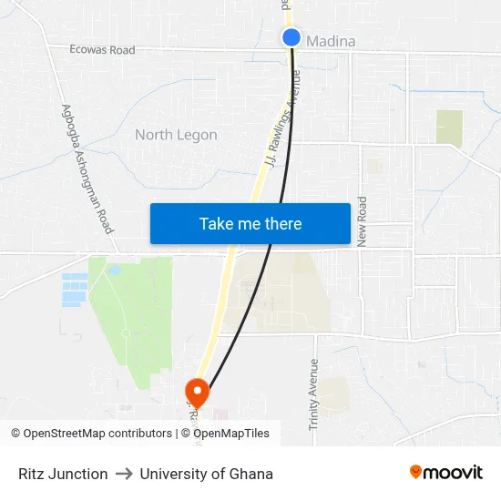 Ritz Junction to University of Ghana map