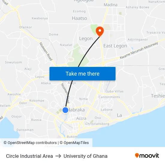 Circle Industrial Area to University of Ghana map