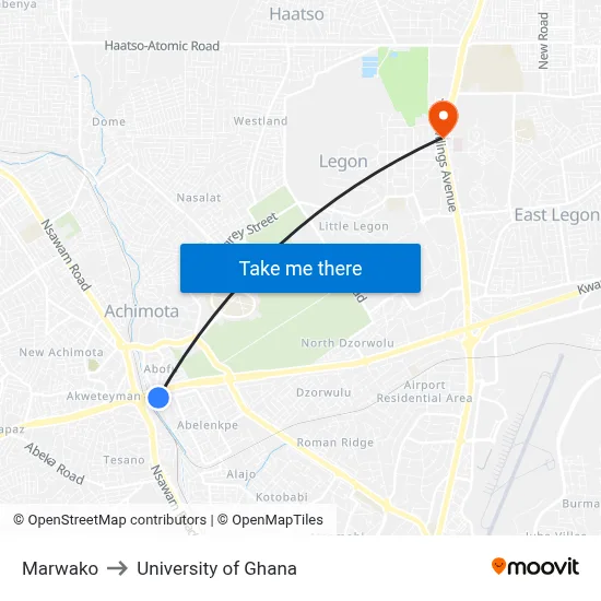 Marwako to University of Ghana map