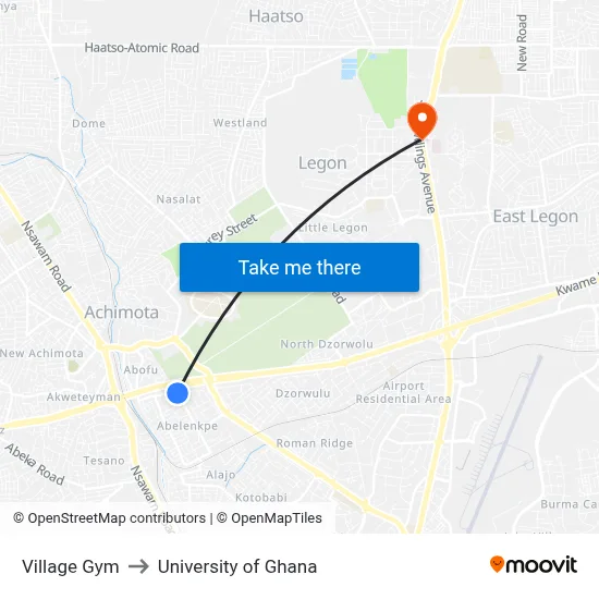 Village Gym to University of Ghana map