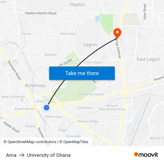 Ama to University of Ghana map