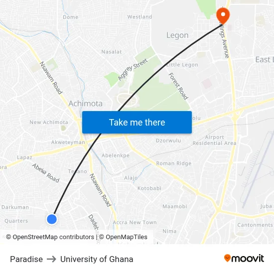 Paradise to University of Ghana map