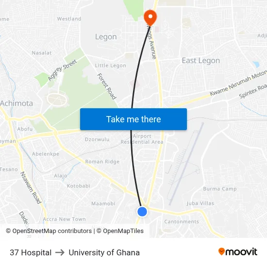 37 Hospital to University of Ghana map