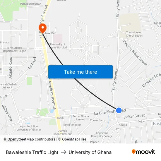 Bawaleshie Traffic Light to University of Ghana map