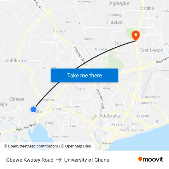 Gbawe Kwatey Road to University of Ghana map