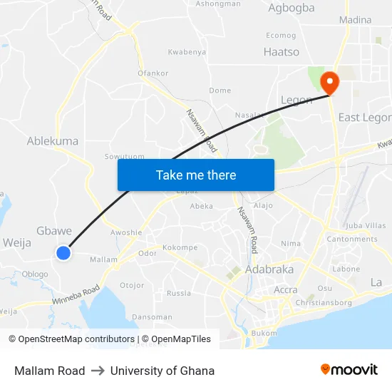 Mallam Road to University of Ghana map