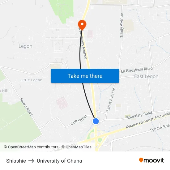 Shiashie to University of Ghana map