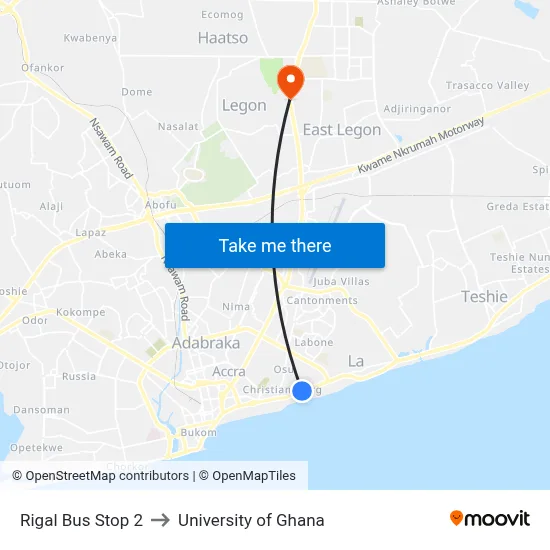 Rigal Bus Stop 2 to University of Ghana map