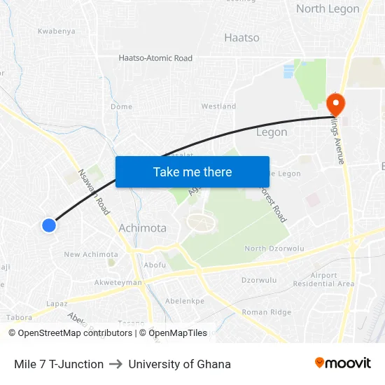 Mile 7 T-Junction to University of Ghana map