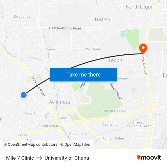 Mile 7 Clinic to University of Ghana map