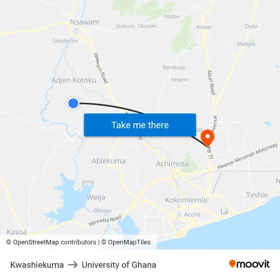 Kwashiekuma to University of Ghana map