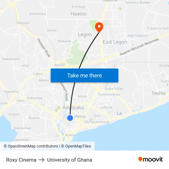 Roxy Cinema to University of Ghana map