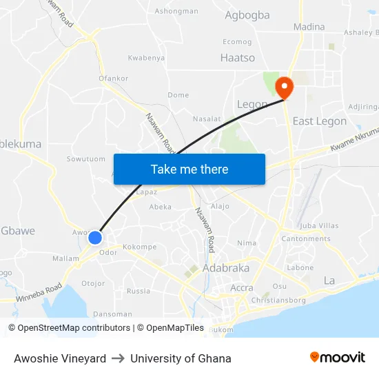 Awoshie Vineyard to University of Ghana map