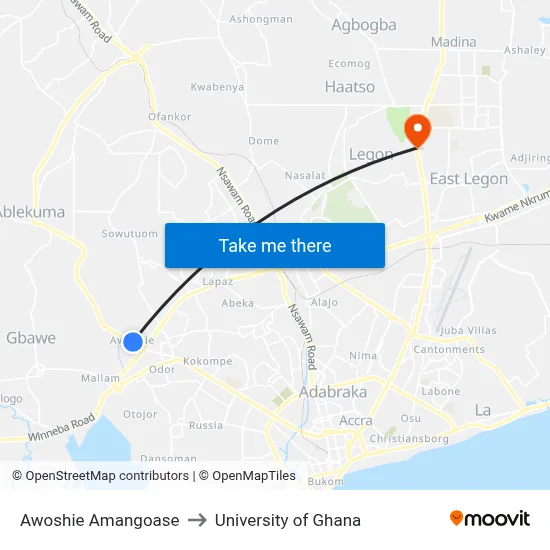 Awoshie Amangoase to University of Ghana map
