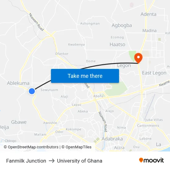 Fanmilk Junction to University of Ghana map
