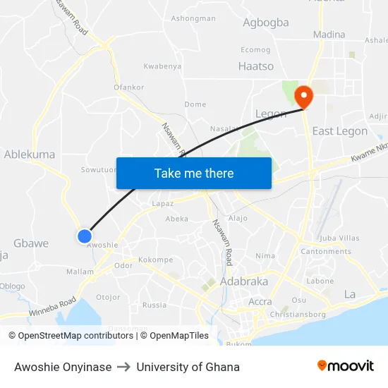 Awoshie Onyinase to University of Ghana map