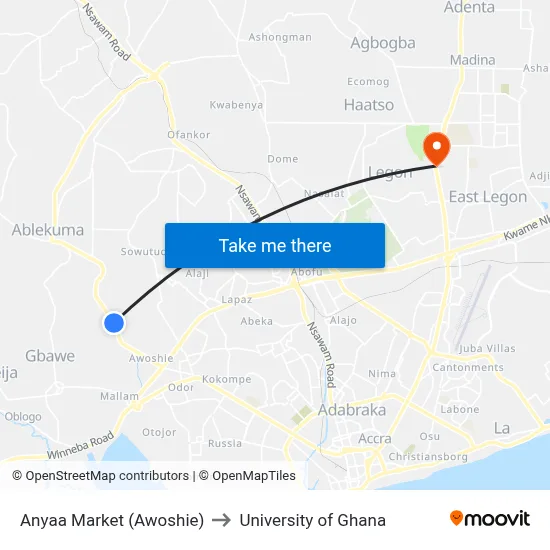 Anyaa Market (Awoshie) to University of Ghana map