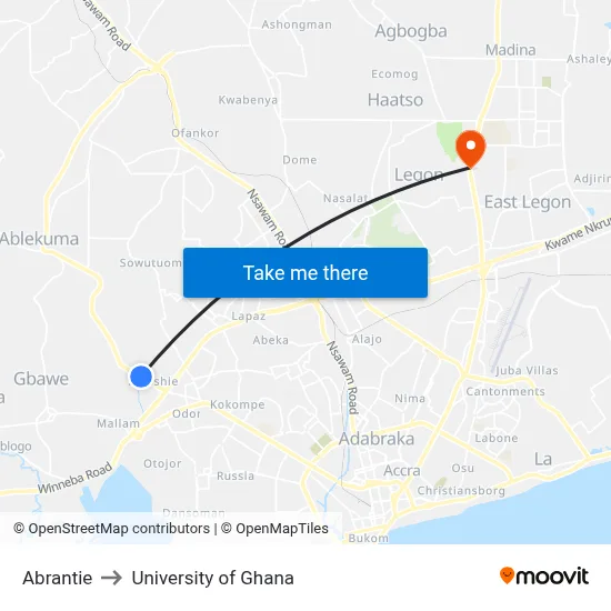 Abrantie to University of Ghana map