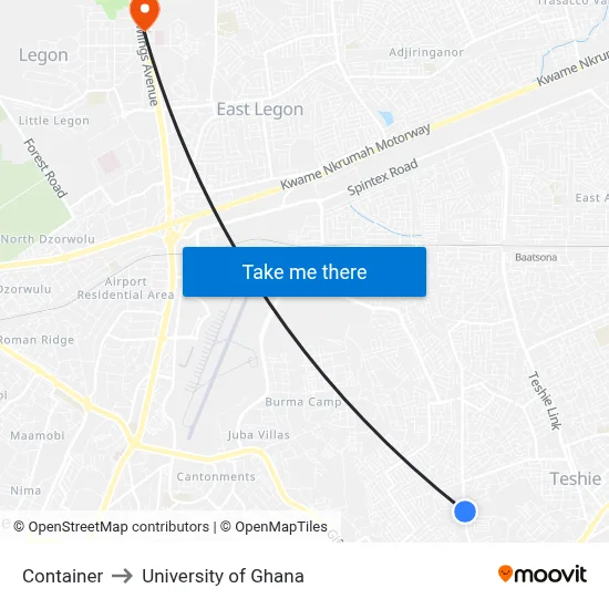 Container to University of Ghana map