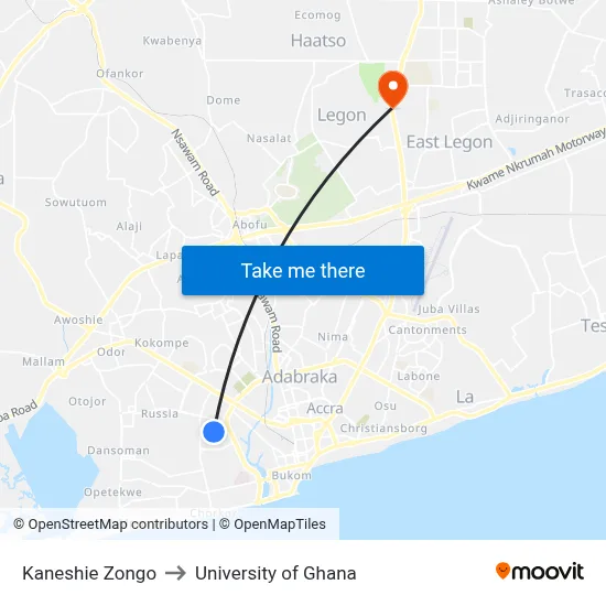 Kaneshie Zongo to University of Ghana map