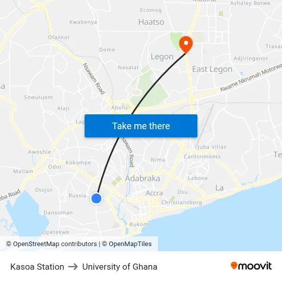 Kasoa Station to University of Ghana map
