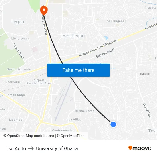 Tse Addo to University of Ghana map