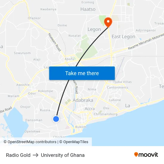 Radio Gold to University of Ghana map