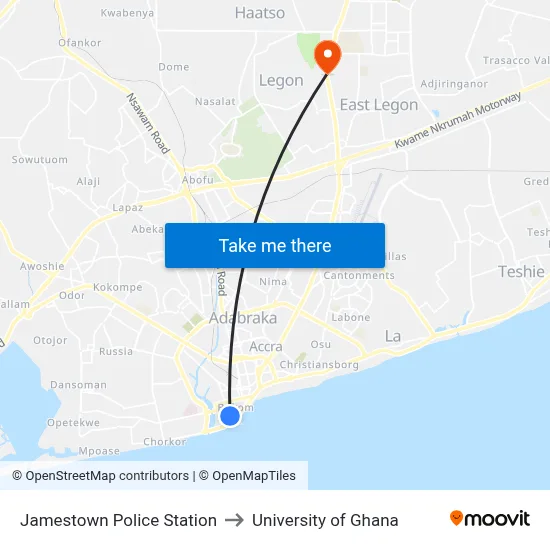 Jamestown Police Station to University of Ghana map