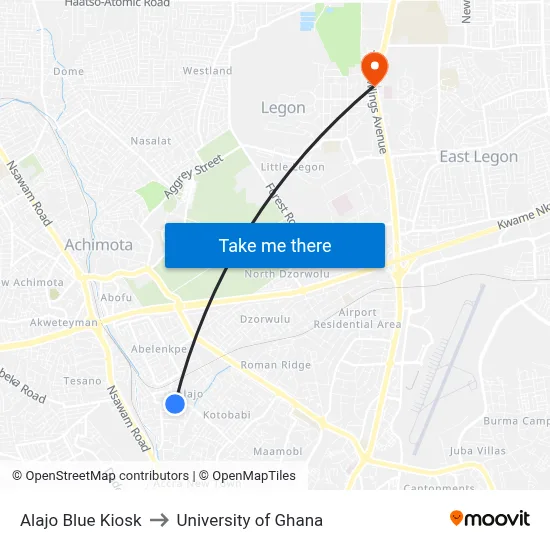 Alajo Blue Kiosk to University of Ghana map
