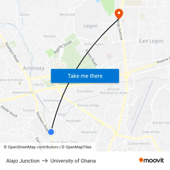 Alajo Junction to University of Ghana map