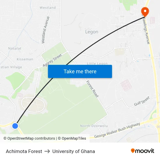 Achimota Forest to University of Ghana map