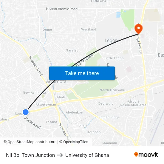 Nii Boi Town Junction to University of Ghana map