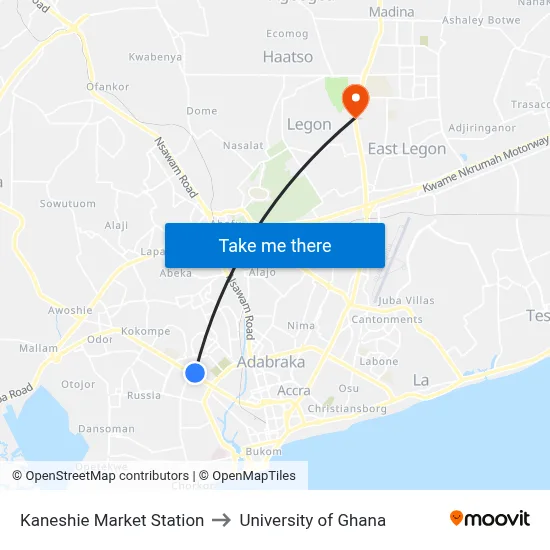 Kaneshie Market Station to University of Ghana map