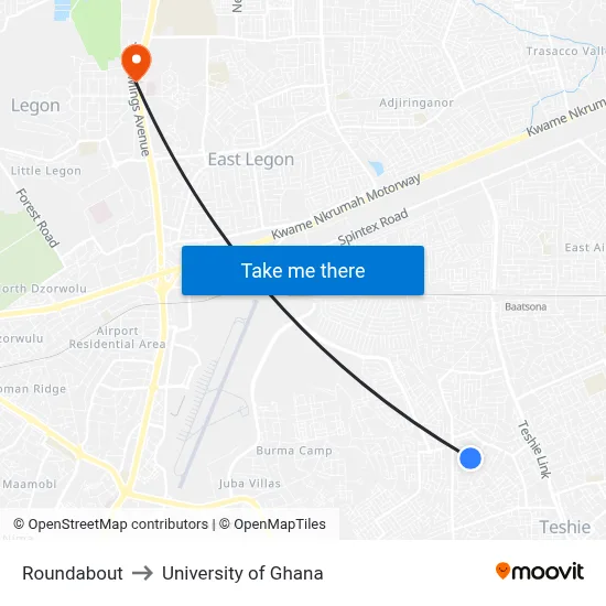 Roundabout to University of Ghana map