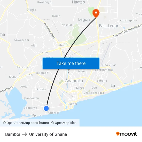 Bamboi to University of Ghana map