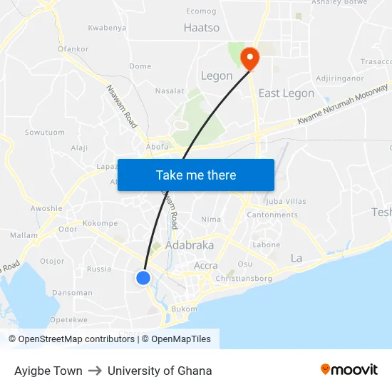 Ayigbe Town to University of Ghana map